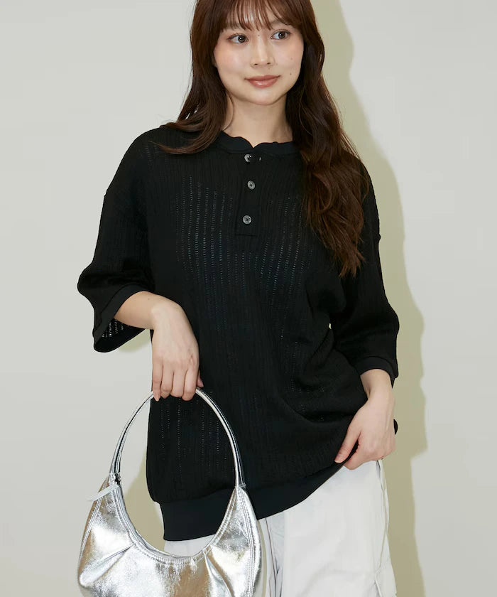 LOVE POP STUDIO Pattern Mesh Henley Neck T-Shirt Limited Release