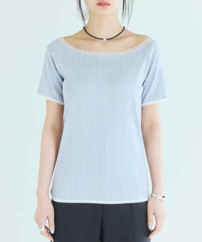 Boat Neck Pullover Knit Lace T-Shirt
