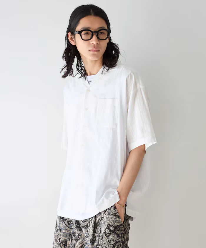 Jacquard Relaxed Fit Open Collar Short Sleeve Shirt Semi-Sheer Dobby Weave