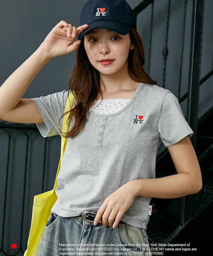 I LOVE NY Floral Pattern Layered Style Henley Neck T-Shirt Limited Edition