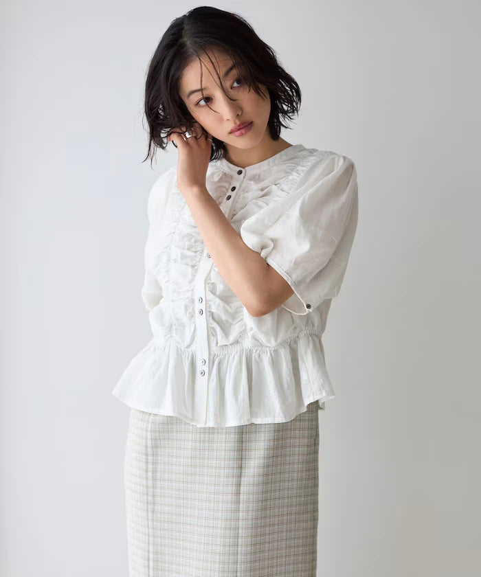 Sheer Shirring Volume Sleeve Blouse / 5 Short Sleeves