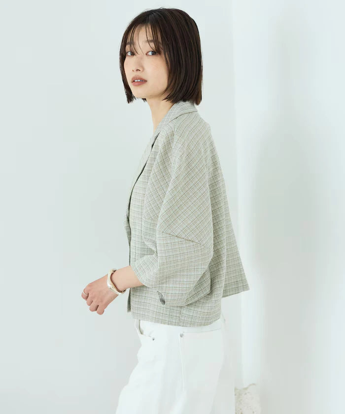 Collar Check Balloon Sleeve Shirt / Compatible with Setup