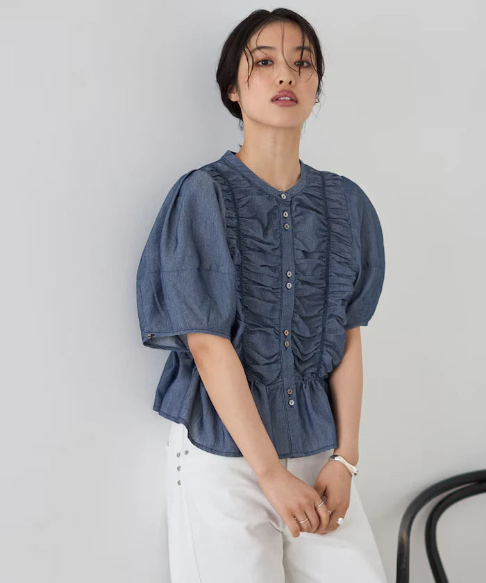 Sheer Shirring Volume Sleeve Blouse / 5 Short Sleeves