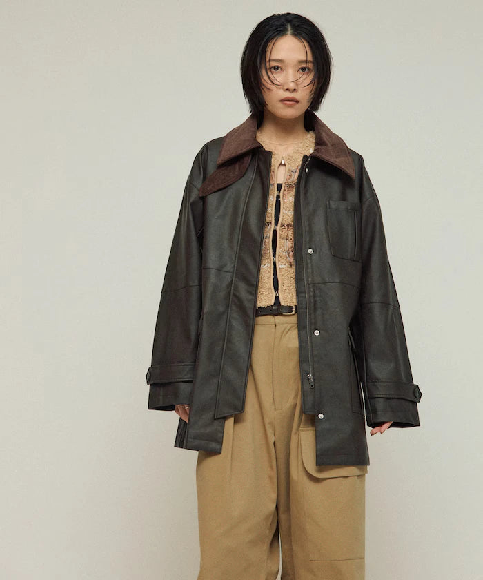 Oversized Crush Leatherette Jacket / Collar Corduroy