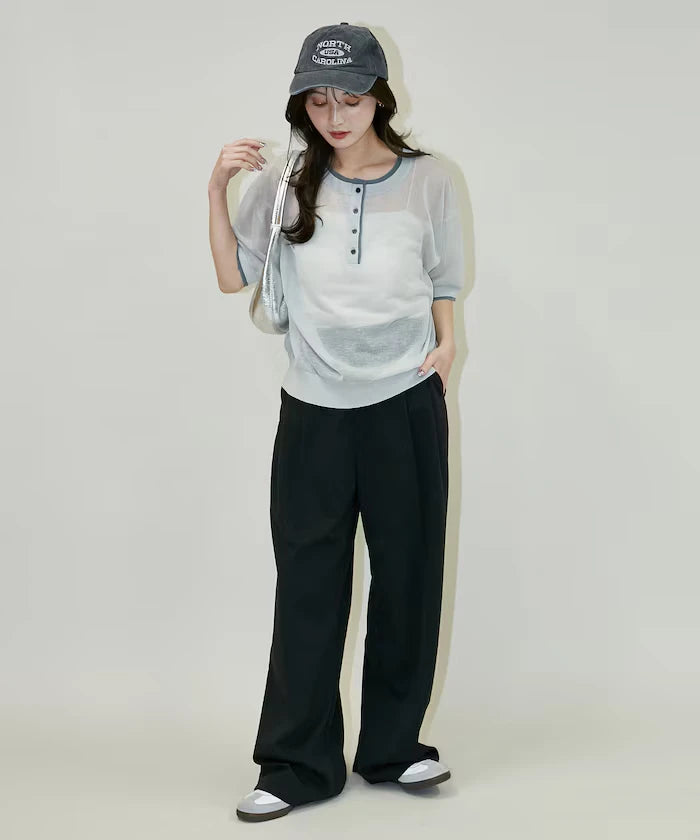 Washable linen color block henley neck knit top limited release