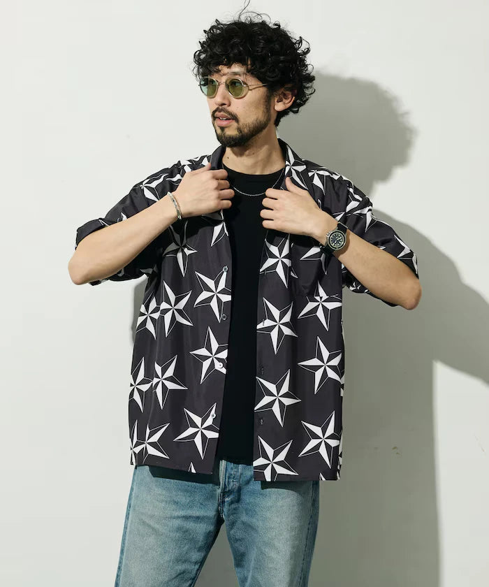 Open Collar Pattern Short Sleeve Shirt