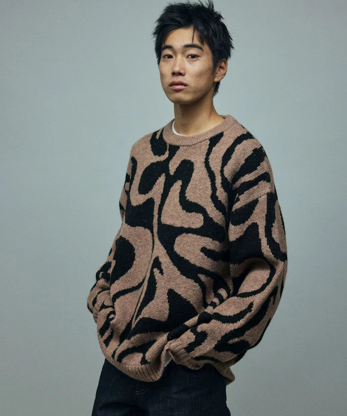 All-over Pattern Double Jacquard Knit Crew Neck Pullover / Relaxed Fit