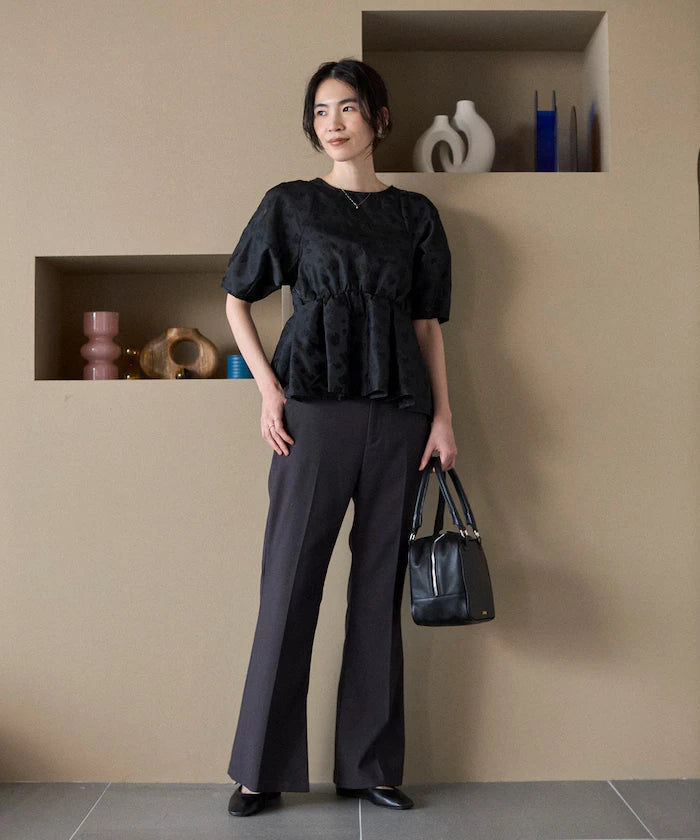 Flower Sheer Jacquard Volume Sleeve Peplum Blouse / 5 Minutes Sleeve