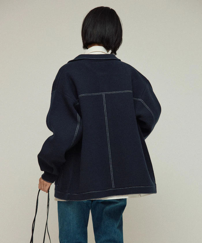 Oversized Wool Blend Knit Coverall / Color Stitch Knit Jacket