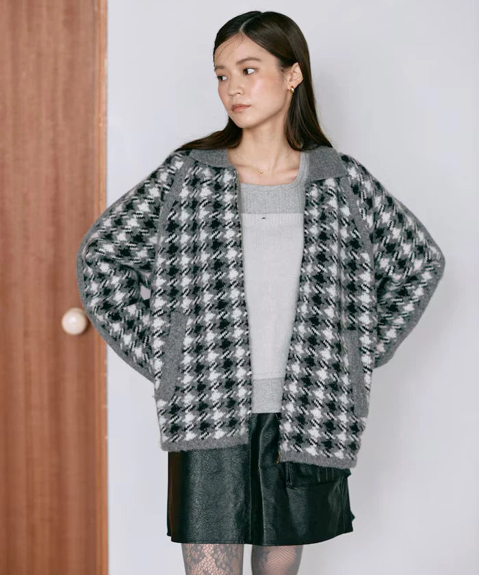 Wool Blend Gancube Check Knit Zip Blouson