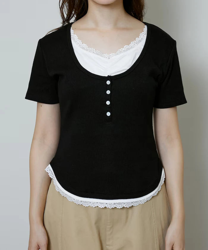 Short Sleeve Lace Layered Style Henley Neck T-Shirt Limited Edition