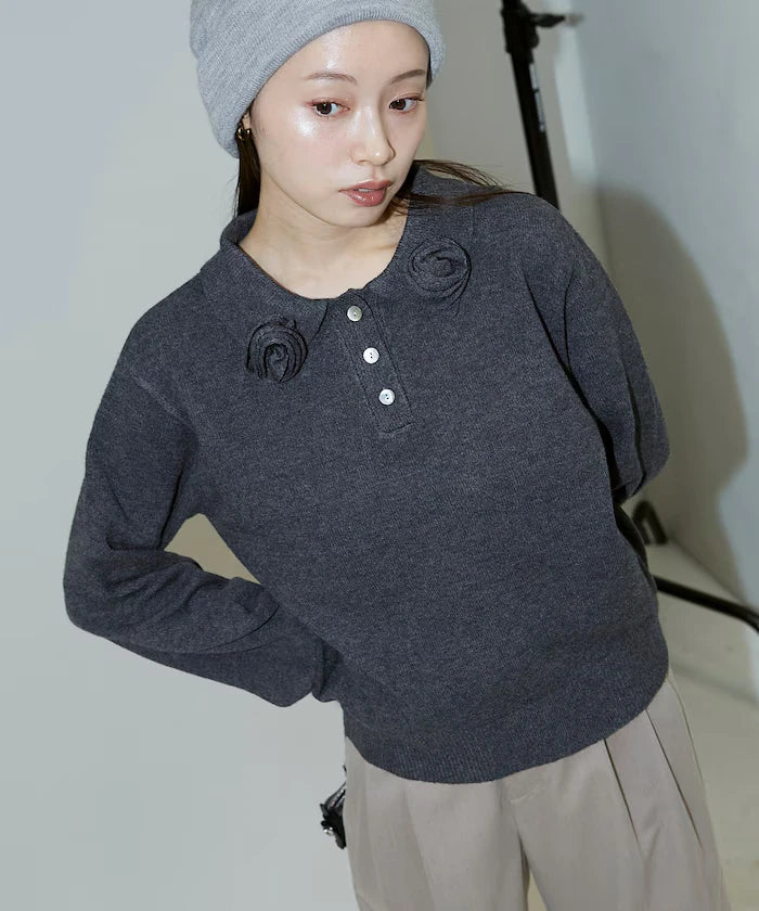 Polo knit pullover with flower motif - limited edition