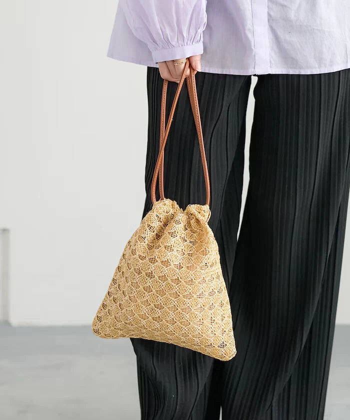 2 Way Raffia Style Lamé Drawstring Shoulder Bag