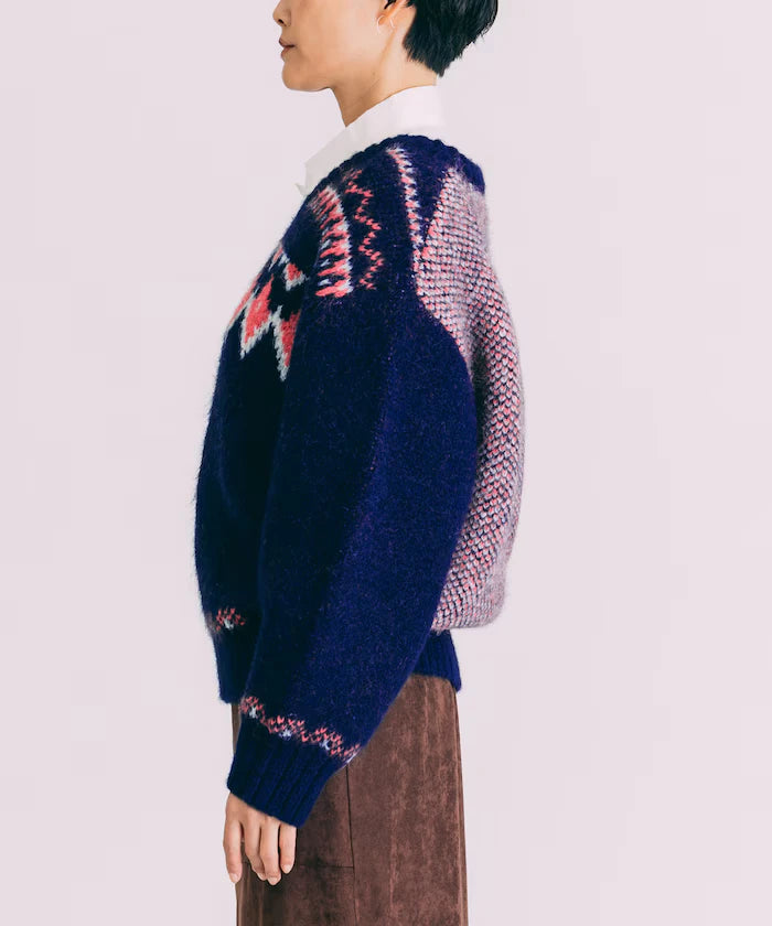 V-neck color block Nordic pattern knit