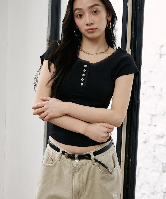 Collar Lace Contrast Henry Rib T-Shirt