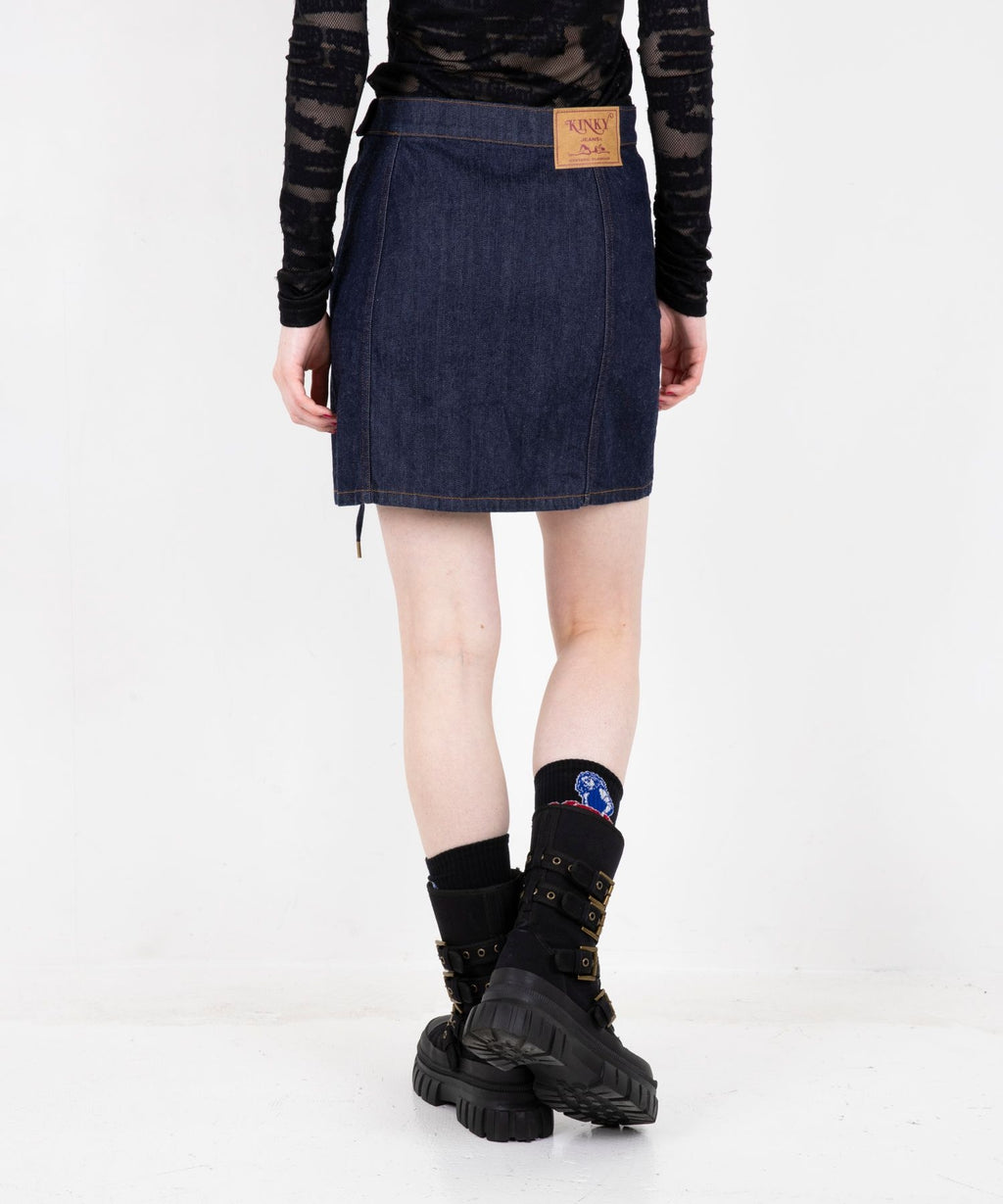APPLE PANDA Embroidered Side Lace-Up Denim Mini Skirt