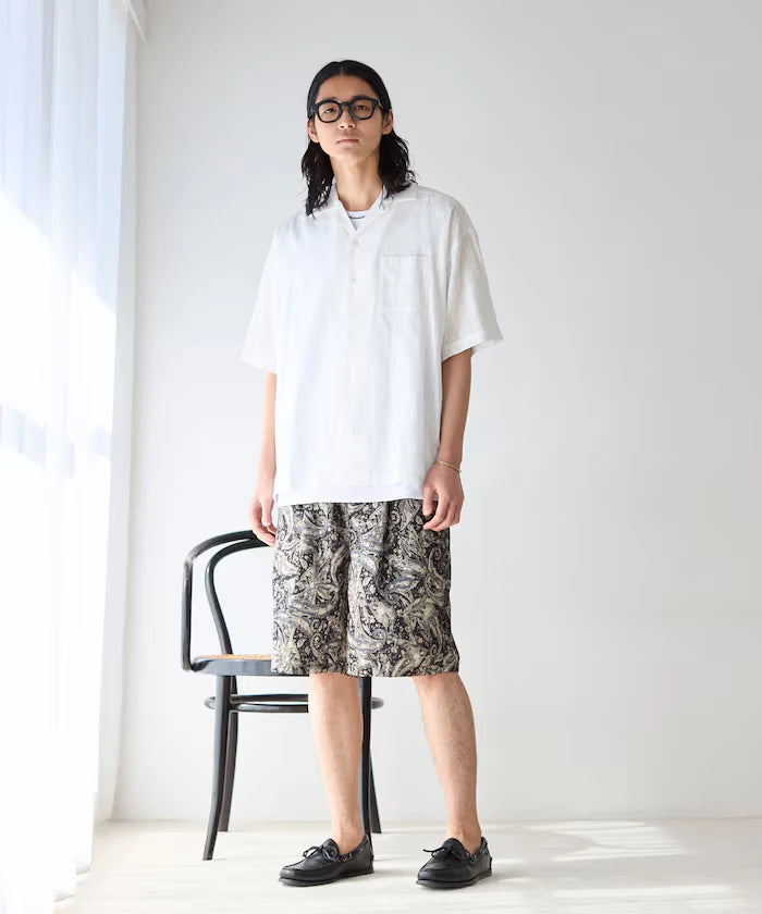 Jacquard Relaxed Fit Open Collar Short Sleeve Shirt Semi-Sheer Dobby Weave