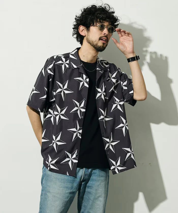 Open Collar Pattern Short Sleeve Shirt