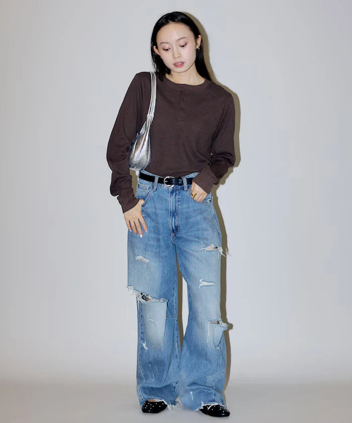 Mini Waffle Henley Neck Cropped Long Sleeve T Limited Edition