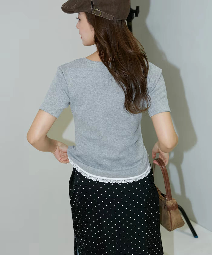 Short Sleeve Lace Layered Style Henley Neck T-Shirt Limited Edition