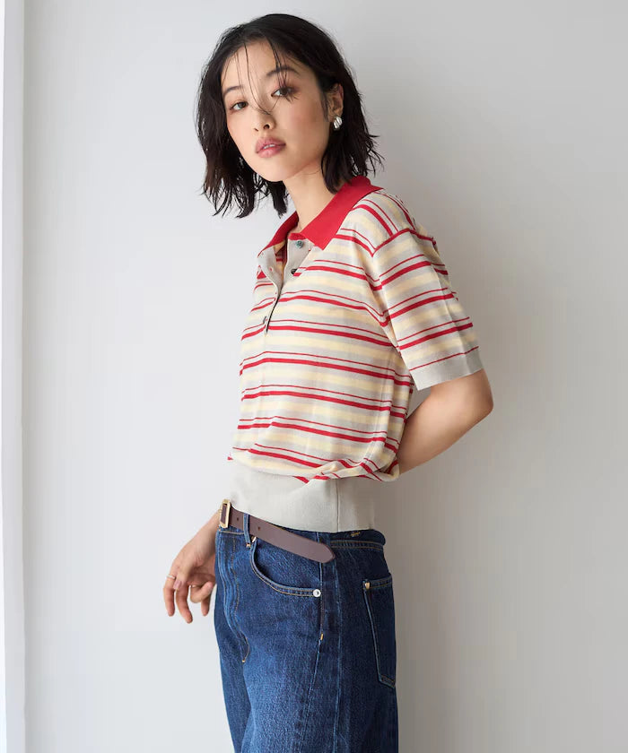 Relaxed Fit Color Design Polo Knit / Bicolor / Multi Stripe