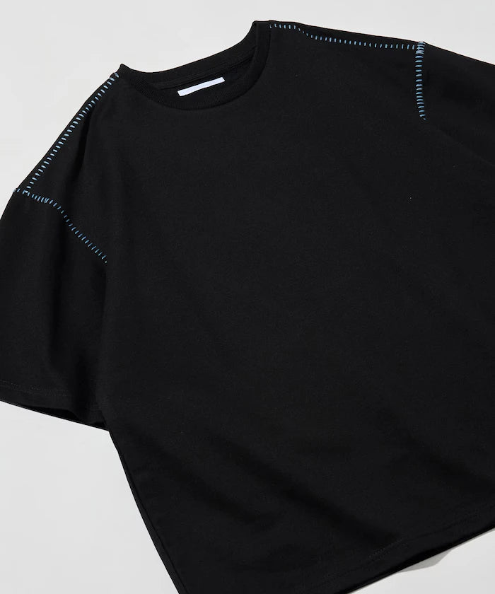 Box Silhouette Contrast Ladder Stitch Crew Neck T-Shirt