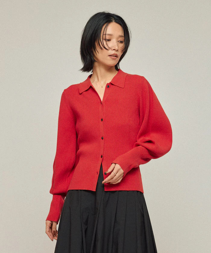 Functional material silk blend knit polo volume sleeve knit cardigan / anti-pill / machine washable