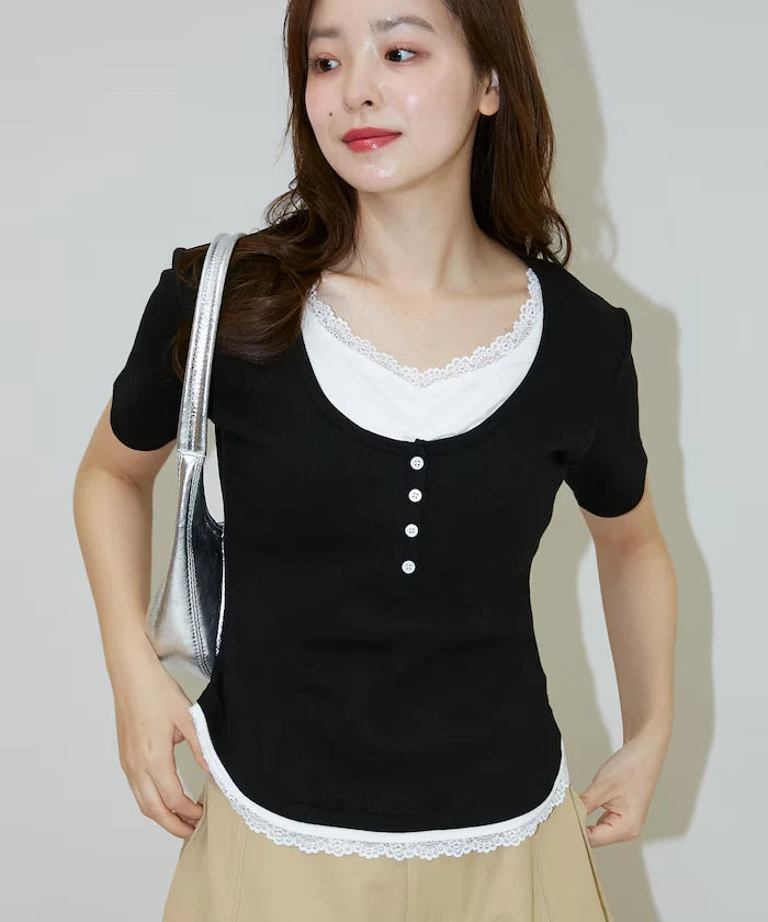 Short Sleeve Lace Layered Style Henley Neck T-Shirt Limited Edition