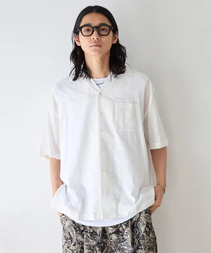Jacquard Relaxed Fit Open Collar Short Sleeve Shirt Semi-Sheer Dobby Weave