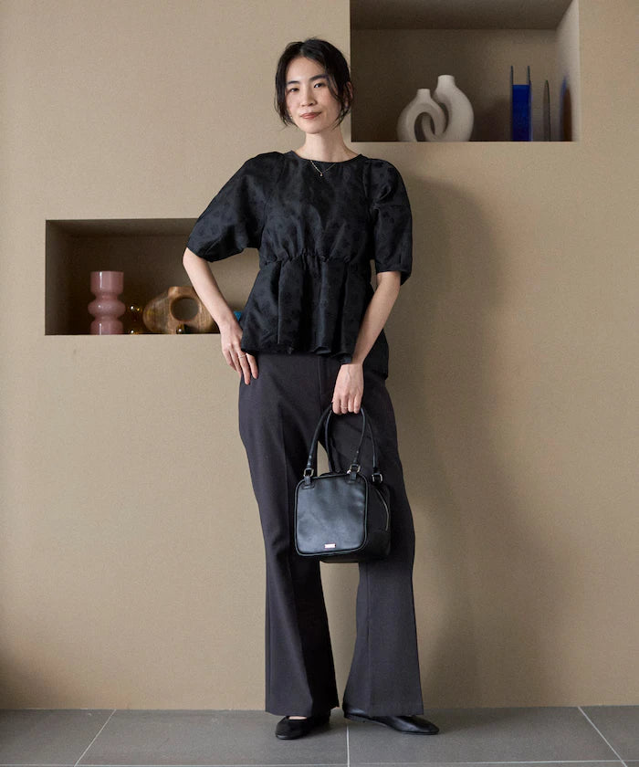 Flower Sheer Jacquard Volume Sleeve Peplum Blouse / 5 Minutes Sleeve
