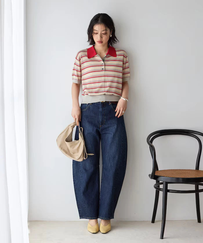 Relaxed Fit Color Design Polo Knit / Bicolor / Multi Stripe