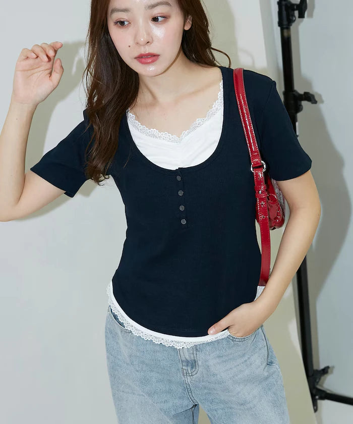 Short Sleeve Lace Layered Style Henley Neck T-Shirt Limited Edition