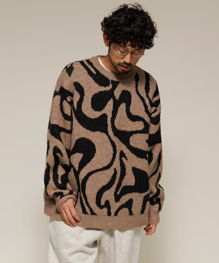 All-over Pattern Double Jacquard Knit Crew Neck Pullover / Relaxed Fit