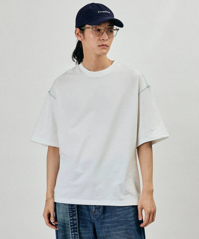Box Silhouette Contrast Ladder Stitch Crew Neck T-Shirt