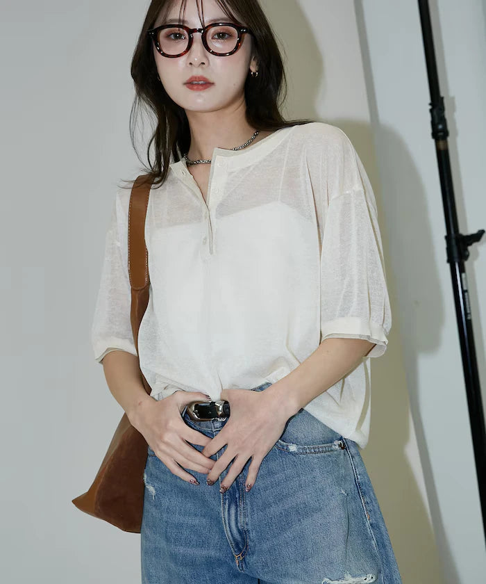 Washable linen color block henley neck knit top limited release