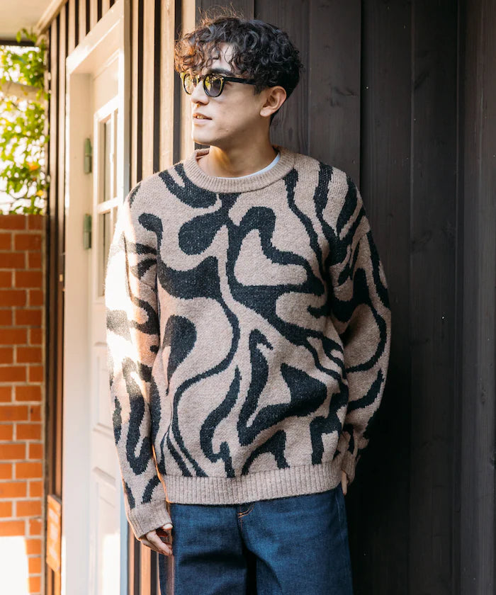 All-over Pattern Double Jacquard Knit Crew Neck Pullover / Relaxed Fit