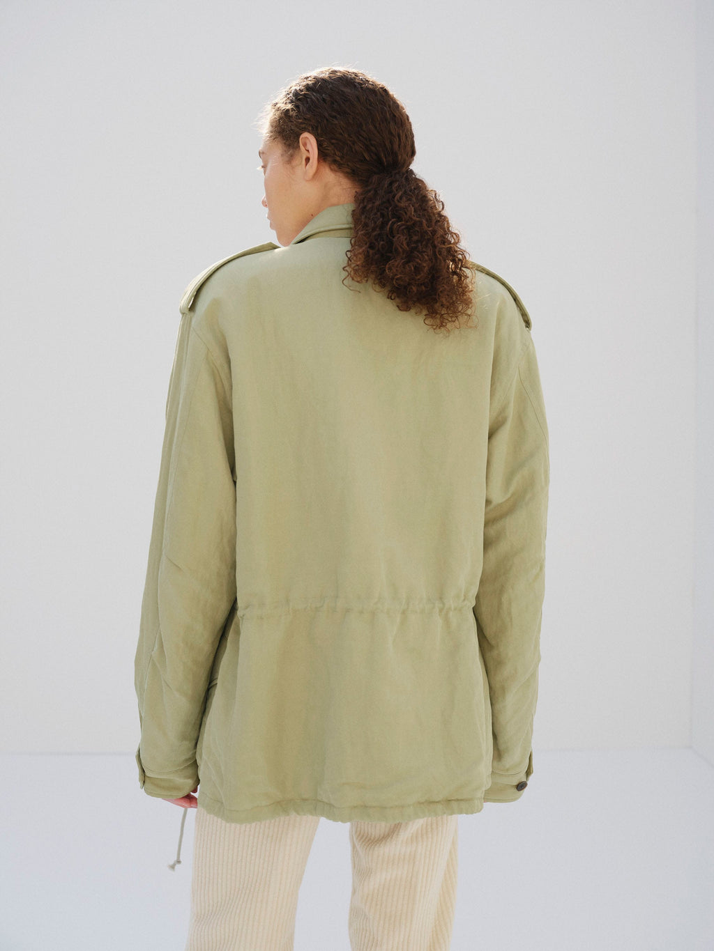 BRUSHED SILK LINEN SATIN PADDED MILITARY BLOUSON