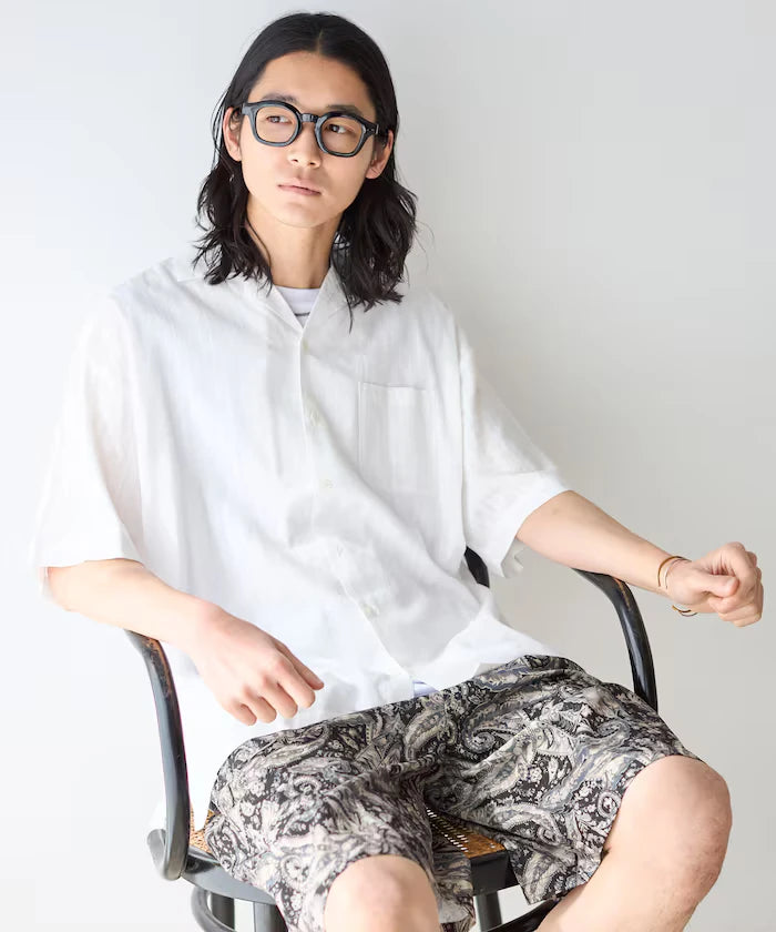 Jacquard Relaxed Fit Open Collar Short Sleeve Shirt Semi-Sheer Dobby Weave