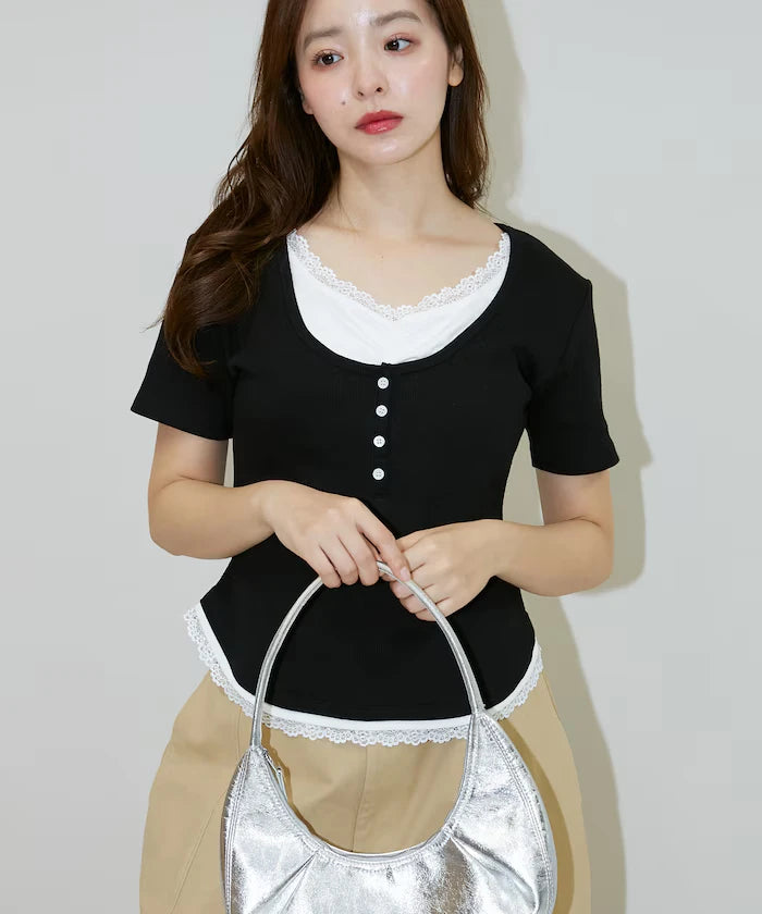 Short Sleeve Lace Layered Style Henley Neck T-Shirt Limited Edition