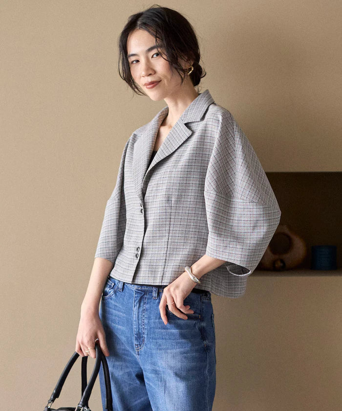 Collar Check Balloon Sleeve Shirt / Compatible with Setup