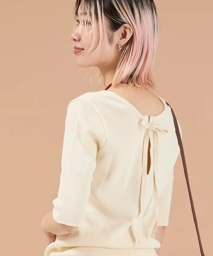 Ribbon Tied 2WAY Waffle 5 Sleeve T-Shirt