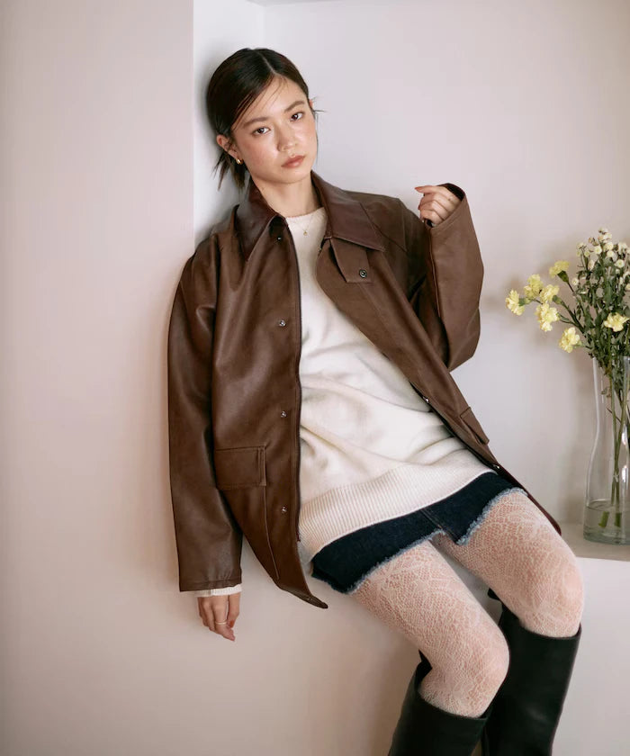 Oversized leatherette blouson / Mixed material switching