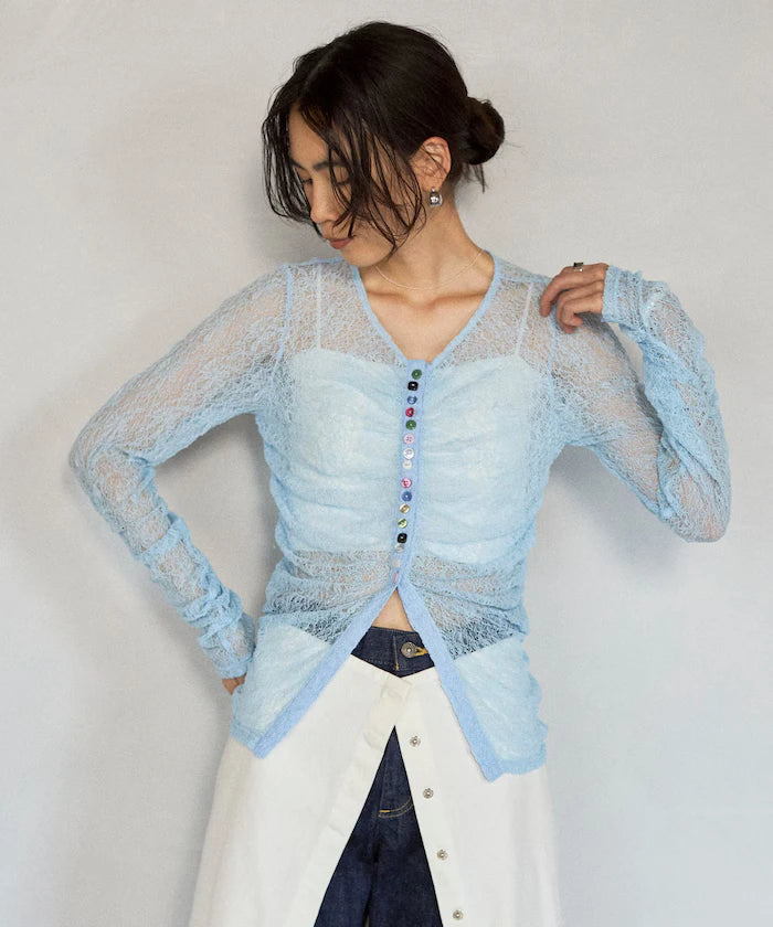 Many Button Lace Shirring Cardigan