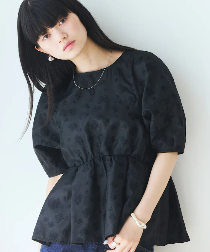 Flower Sheer Jacquard Volume Sleeve Peplum Blouse / 5 Minutes Sleeve