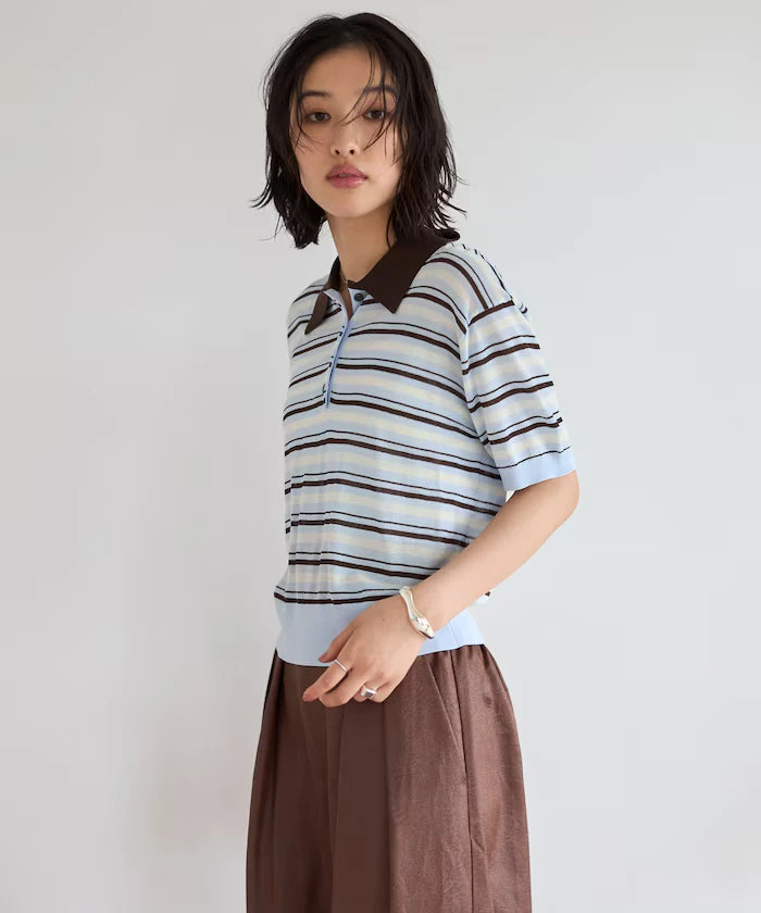 Relaxed Fit Color Design Polo Knit / Bicolor / Multi Stripe