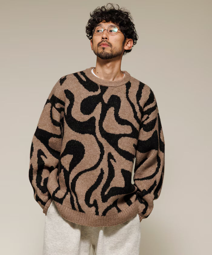 All-over Pattern Double Jacquard Knit Crew Neck Pullover / Relaxed Fit