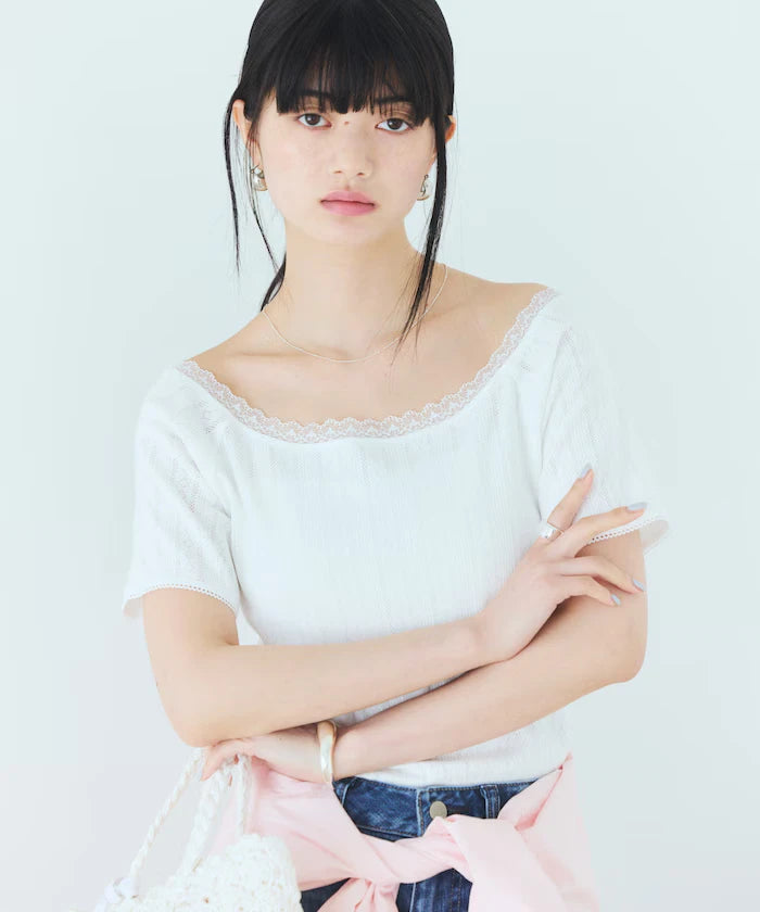 Boat Neck Pullover Knit Lace T-Shirt