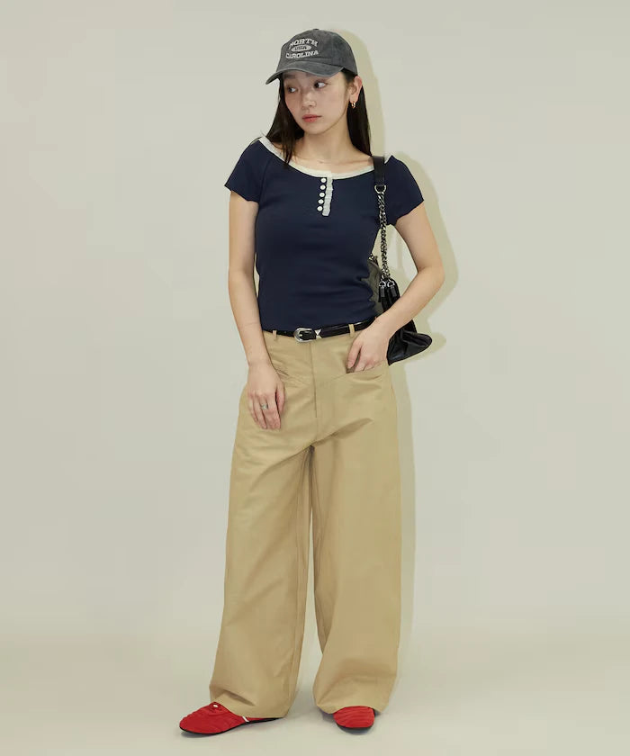 Collar Lace Contrast Henry Rib T-Shirt