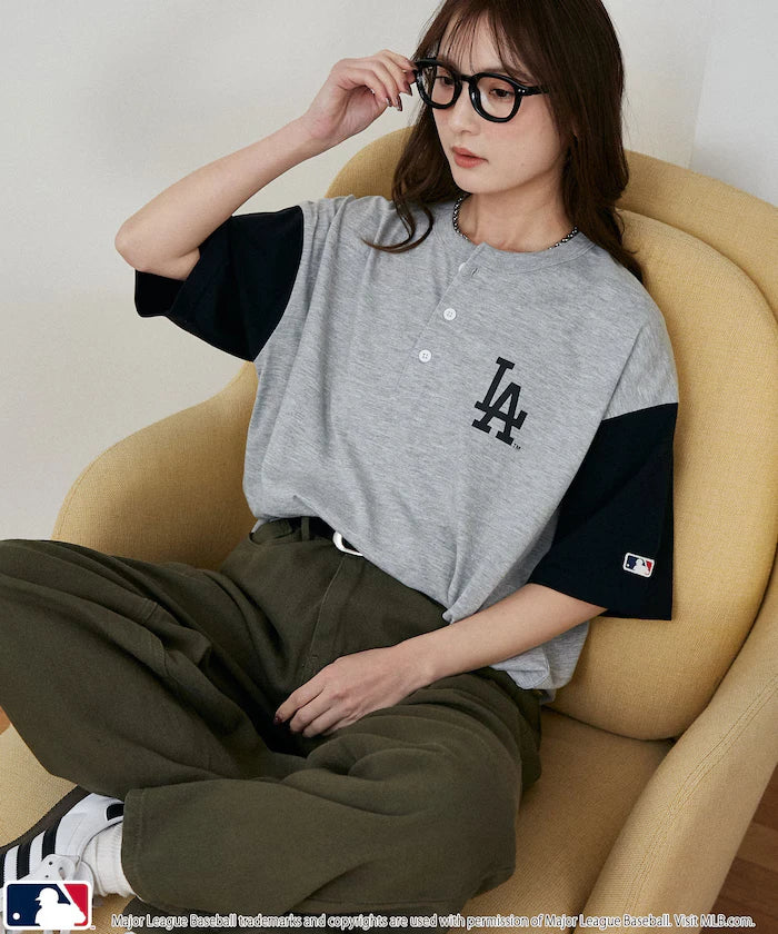 Limited Edition MLB Logo Print Henley Neck Oversized T-Shirt