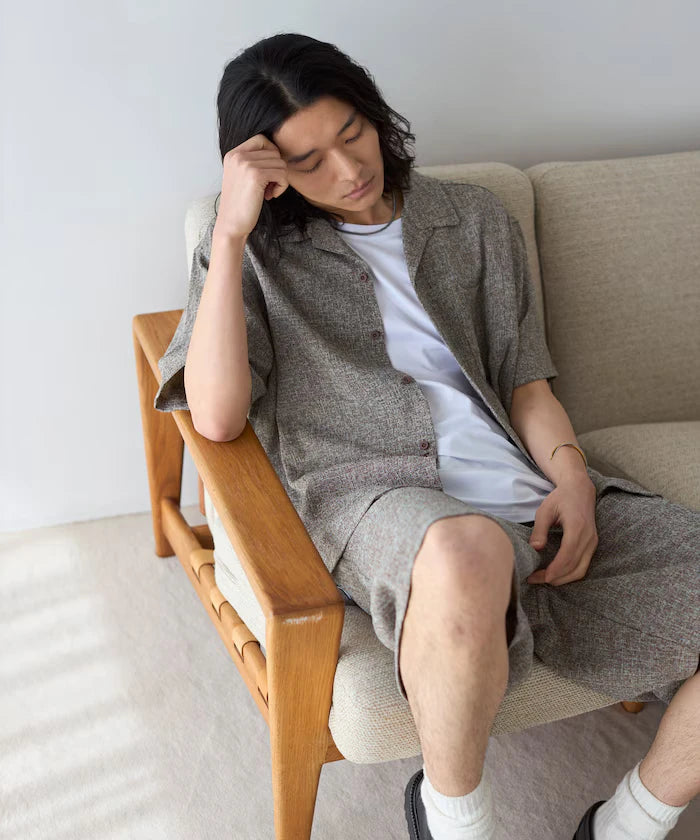 Dry Touch Summer Tweed Short Sleeve Open Collar Shirt